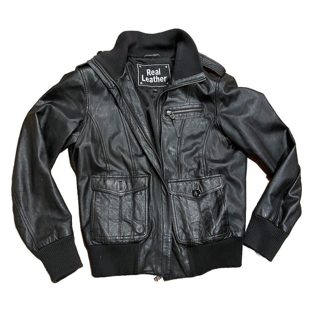 Women’s Black Genuine Leather Bomber Jacket Multiple Pockets Sz. UK 44 US 12